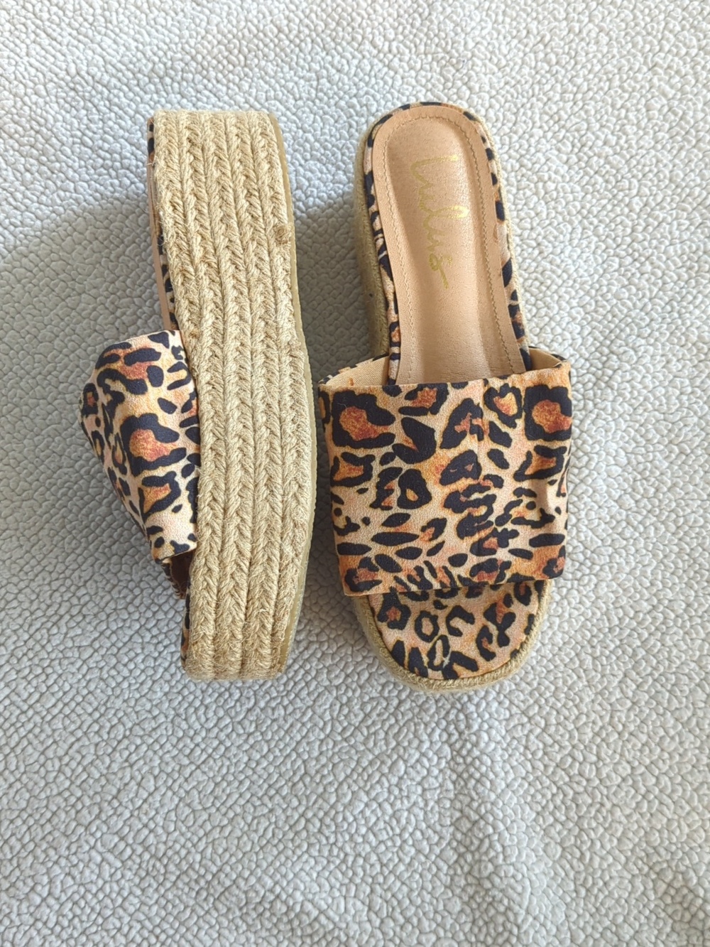 Lulus‎ Cheetah Print Brown Tan Espadrille Platform Slip On Slide Sandal Size 8